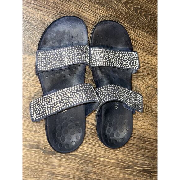 Vionic Women's Samoa Slide Sandal Navy Blue Sliver Dots On Straps Size 8 - Picture 1 of 9